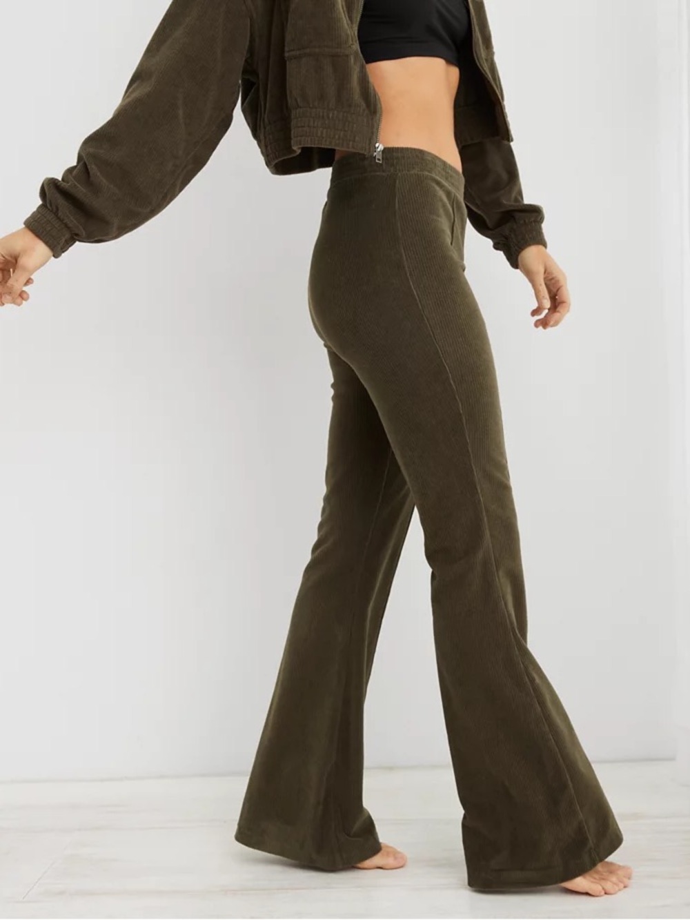 aerie Olive High-Rise Flared Corduroy Pants Size M
